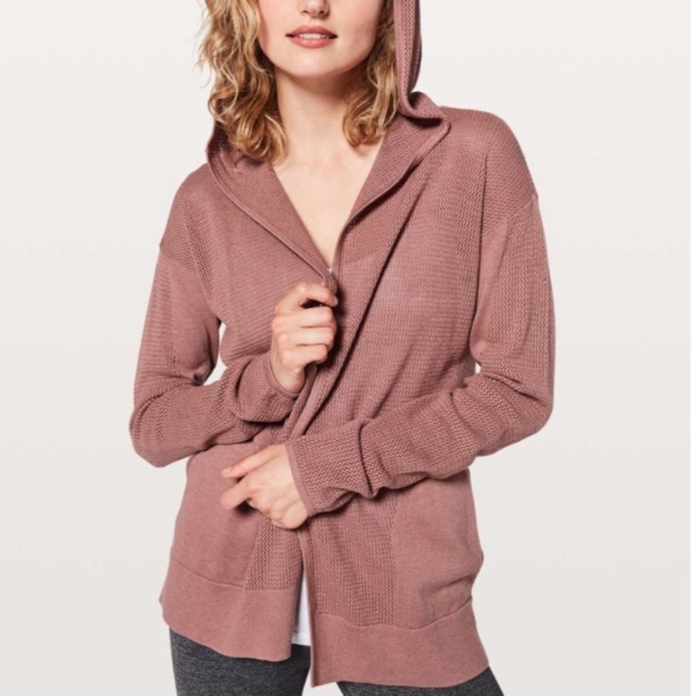 Lululemon Still Movement Pink Knit Hooded Cardigan Wrap Sweater Split Back